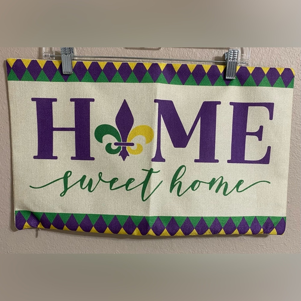 "Home Sweet Home" Pillow Cover 20x12 Mardi Gras Purple Green Gold Fleur de Lis